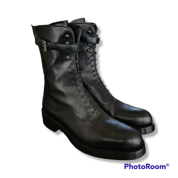Prada Combat Boots Leather Brogue Lace Up Black Buckle Heeled 39 - Picture 3 of 12